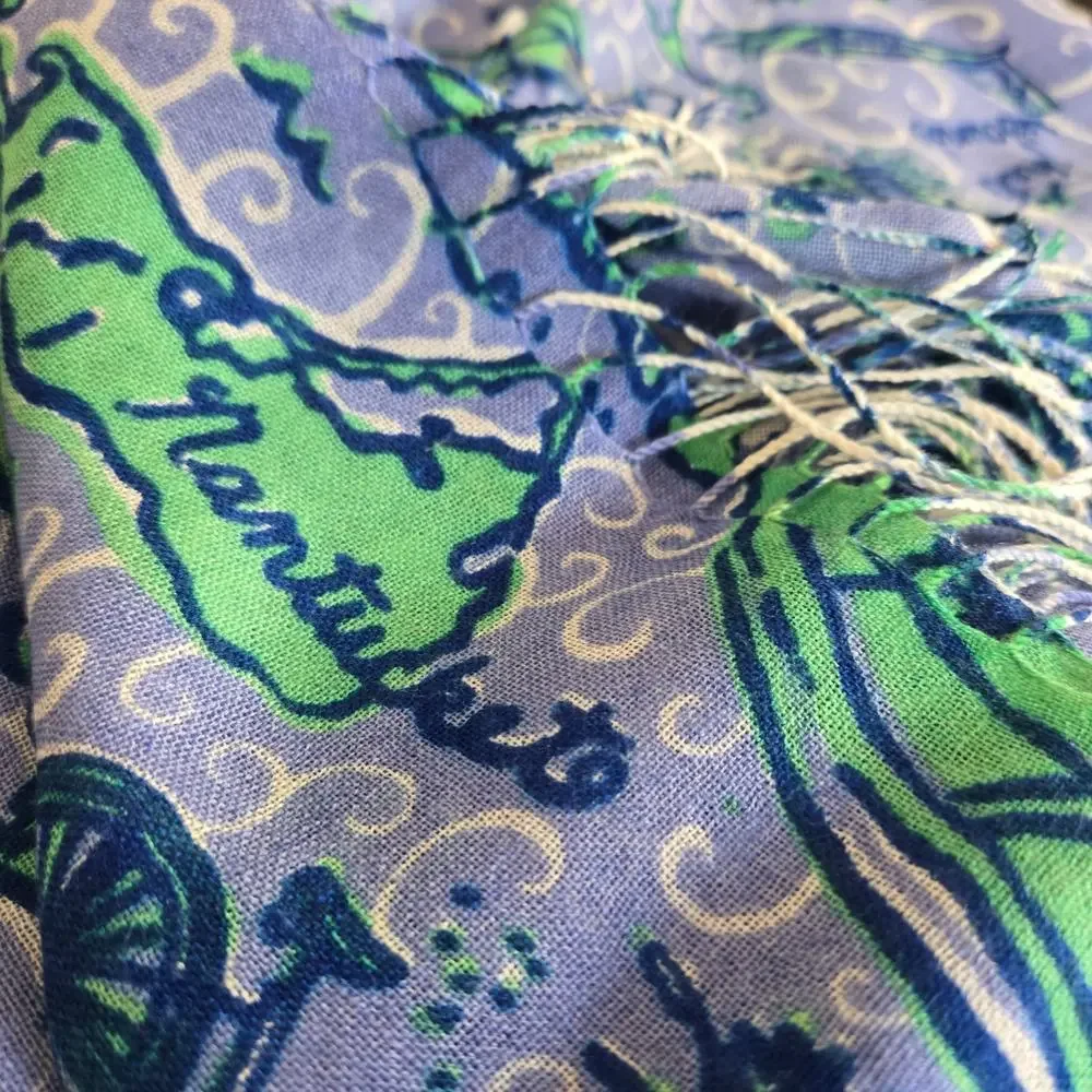 Lilly Pulitzer Retired Murfee Scarf Nantucket Islands Blue Print Silk‎ Cashmere